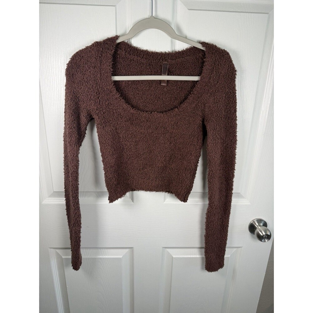 Skims Size S/M Reddish Brown Teddy Bear Sherpa Textured Pullover Crop Top